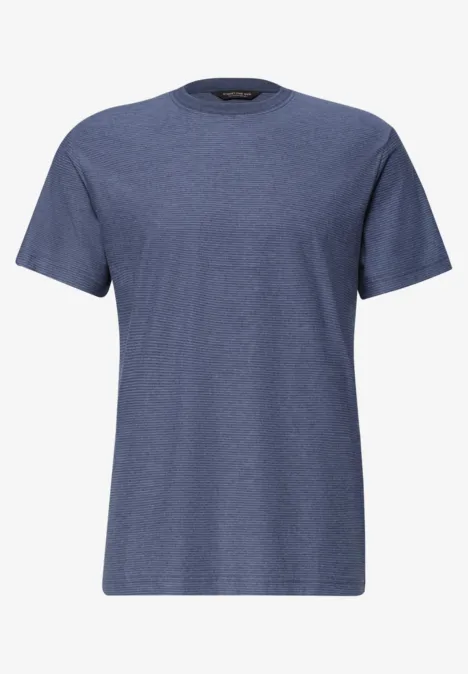 Ein schlichtes, kurzärmeliges T-Shirt in meliertem Blau mit Rundhalsausschnitt.