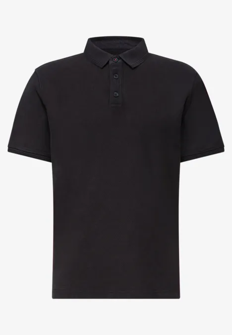 Schlichtes schwarzes Poloshirt mit kurzen Ärmeln und Knopfleiste.
