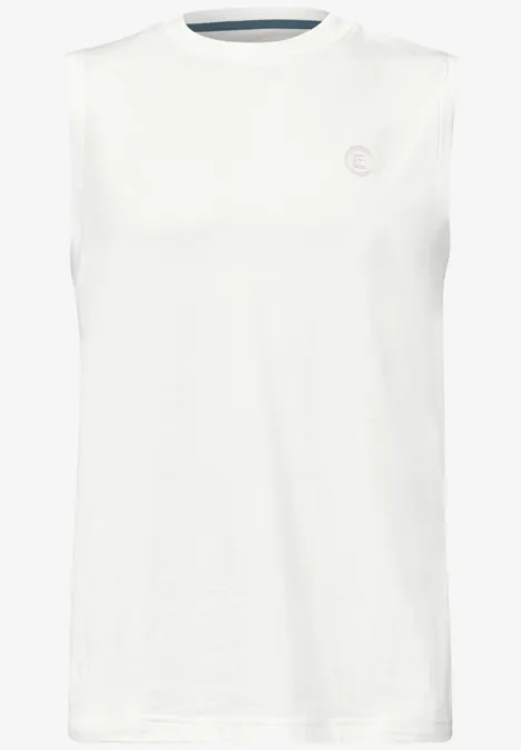 Wit mouwloos T-shirt met ronde hals en subtiel geborduurd logo op de borst.