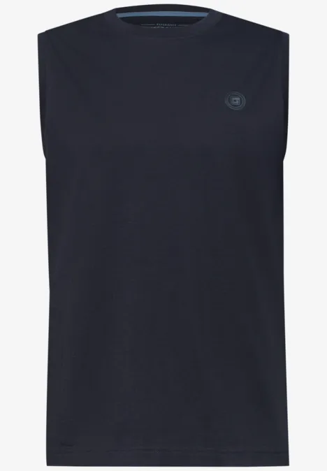 Mouwloos donkerblauw heren tanktop met ronde logoprint op de borst