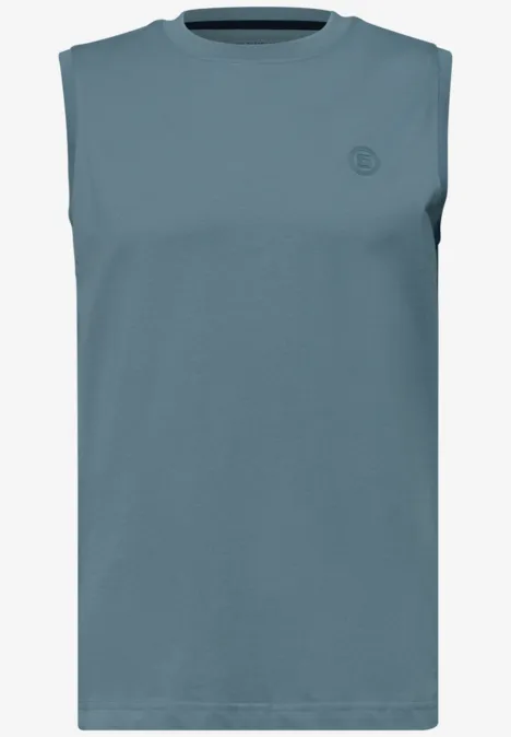 Mouwloos heren-T-shirt in effen petrolblauw, ronde hals en klein ton-sur-ton logo.