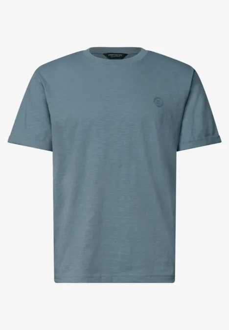 Schlichtes kurzärmeliges T-Shirt in blau-grau mit Rundhalsausschnitt und kleinem Brust-Logo.