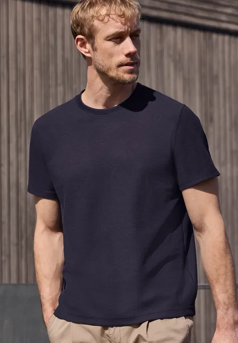 T-Shirt mit Rundhals und Strickstruktur dark ink blue