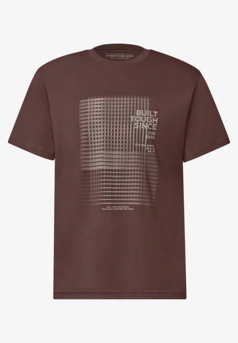 Braunes T-Shirt mit dezentem Punktmuster und Textprint auf der Vorderseite