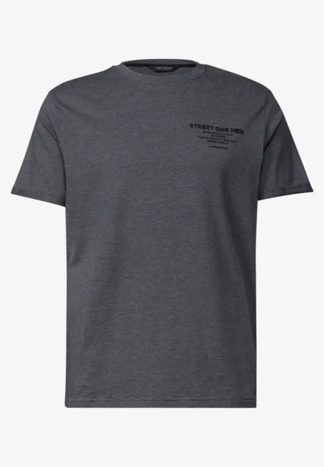 Dunkelgraues T-Shirt mit kurzem Textprint auf der linken Brust.