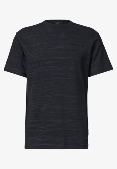 Schlichtes dunkles T-Shirt mit Rundhalsausschnitt und kurzen Ärmeln.