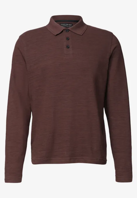 Braunes Langarm-Poloshirt mit Knopfleiste und feiner Struktur