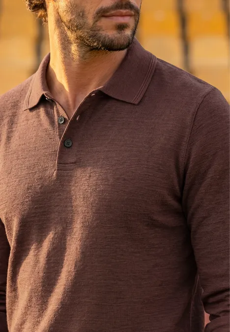 Ein Mann in kastanienbraunem Poloshirt steht in warmem Licht.