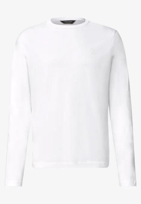 Weißes, minimalistisches Langarmshirt mit rundem Kragen.