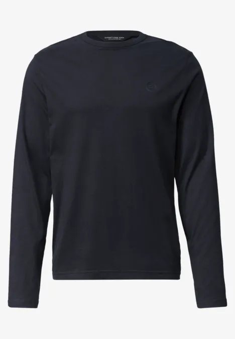 Schlichtes schwarzes Langarmshirt mit Rundhalsausschnitt, minimalistisches Design, unifarben.