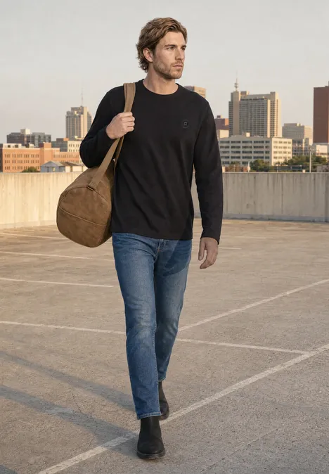 Langarm Shirt mit Rundhals in Unifarbe basic black Mann in Jeans und Pullover trägt Reisetasche auf Parkdeck vor städtischer Skyline.