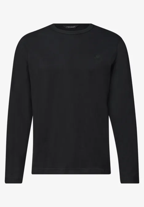 Langarm Shirt mit Rundhals in Unifarbe basic black Schwarzes, langärmliges T-Shirt mit rundem Ausschnitt und dezentem Logo-Stick auf der Brust.