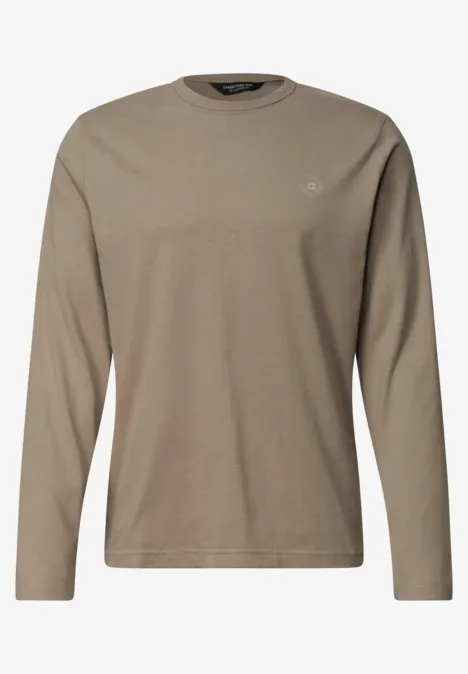 Langärmeliges khakifarbenes Shirt mit Rundhalsausschnitt und kleinem Logo auf der Brust