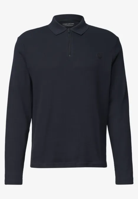 Dunkelblaues Langarm-Poloshirt mit Knopfleiste und klassischem Kragen.