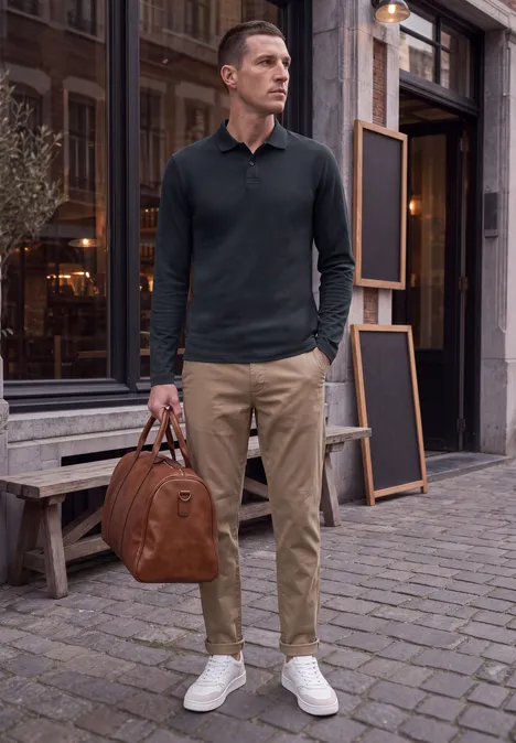 Eleganter Mann mit dunkelgrünem Poloshirt, beigen Chinos, weißen Sneakern und brauner Reisetasche.