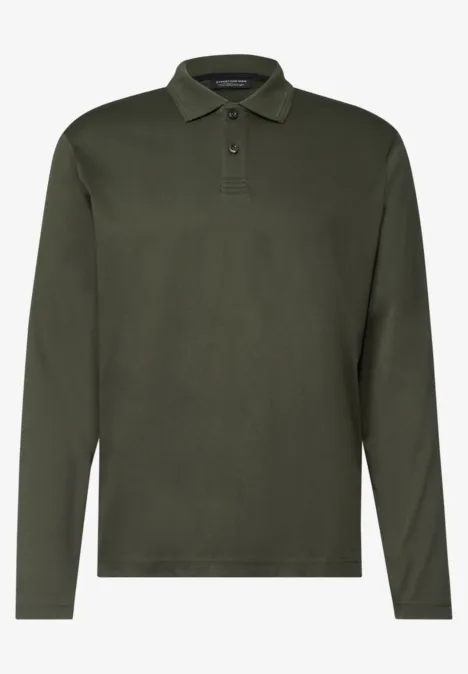 Olivgrünes Langarm-Poloshirt mit Kragen und kurzer Knopfleiste.