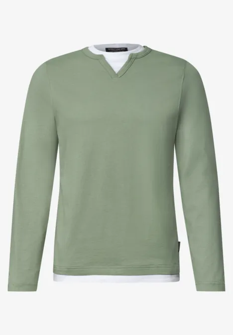 Henleyshirt im 2-in-1-Look willow green Hellgrüner, langärmliger Pullover mit V-Ausschnitt und weißem Einsatz