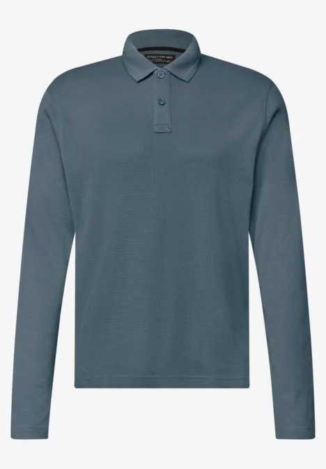 Langarm Poloshirt in Unifarbe vintage blue Graublaues Langarm-Polohemd mit klassischem Kragen und Knopfleiste