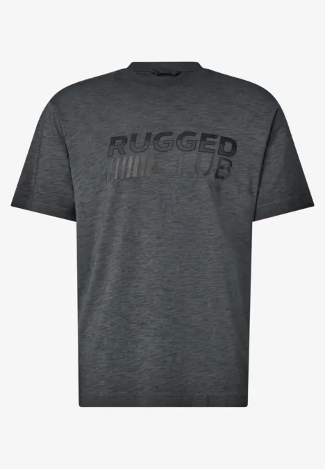 Graues Herren-T-Shirt mit 'RUGGED'-Schriftzug in dunklem, gestreiftem Design.