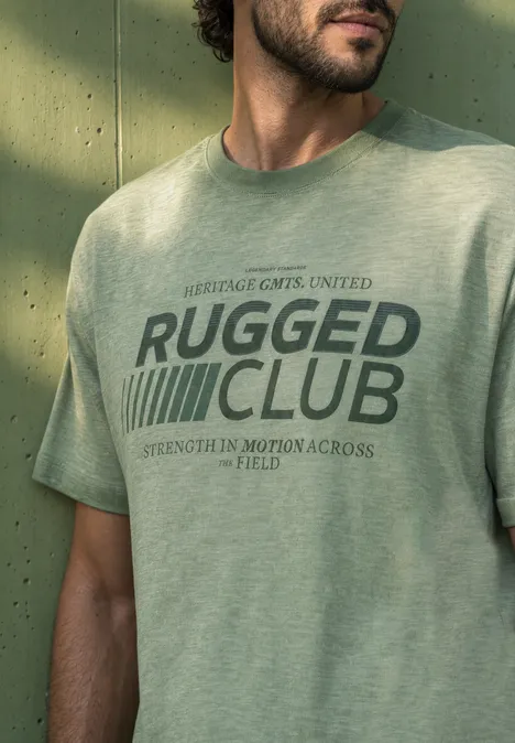 Ein Mann trägt ein hellgrünes T-Shirt mit der Aufschrift 'Rugged Club'.