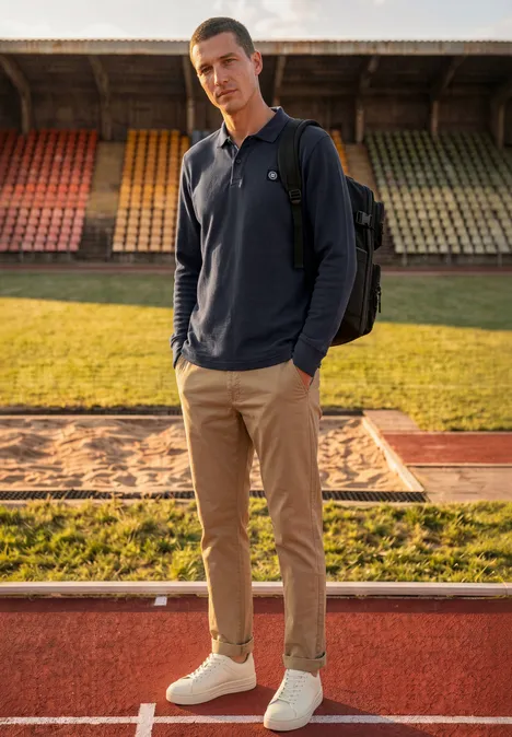 Langarm Poloshirt in Waffelstruktur dark ink blue Ein junger Mann in Poloshirt und Rucksack steht auf der Laufbahn eines Stadions mit bunten Tribünen im Hintergrund.