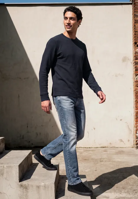Ein junger Mann in Jeans und schwarzem Pullover geht lächelnd an einer Hauswand entlang.