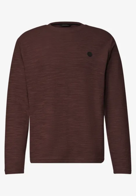 Langarm Shirt mit Rundhals in Unifarbe maroon brown Ein dunkelroter, melierter Pullover mit Rundhalsausschnitt und langen Ärmeln.