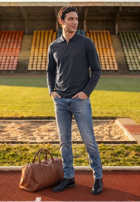 Mann in Jeans und dunklem Pullover steht auf Laufbahn neben Ledertasche vor Tribüne.