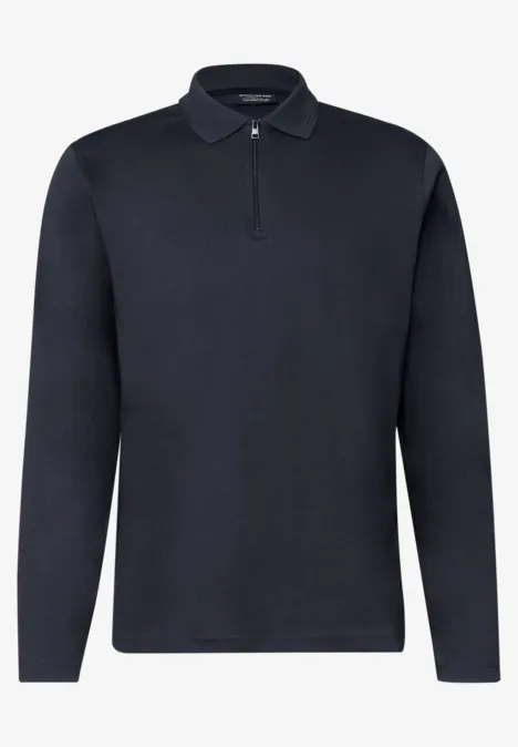 Schwarzes langärmliges Poloshirt aus Baumwolle mit Knopfleiste und klassischem Kragen.