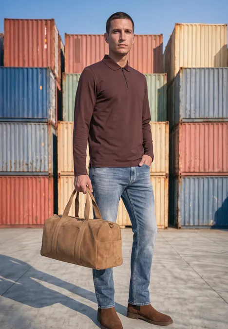 Ein Mann steht vor farbigen Transportcontainern und trägt eine Jeans, braune Schuhe und eine Reisetasche.