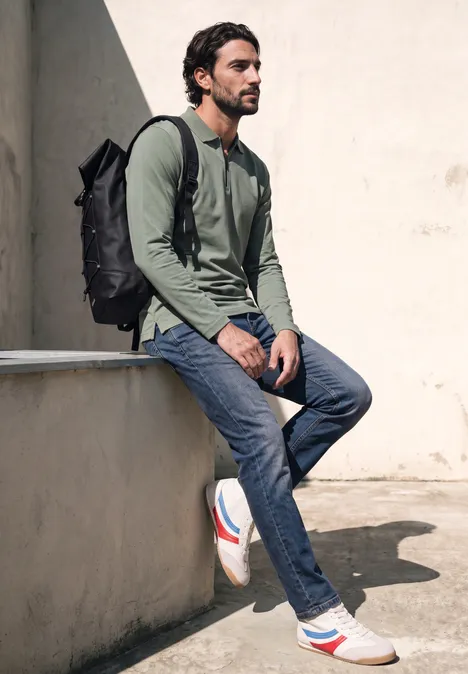Ein Mann mit Bart sitzt draußen auf einer Mauer, trägt olivgrünes Shirt, Jeans, weiße Sneaker und schwarzen Rucksack.
