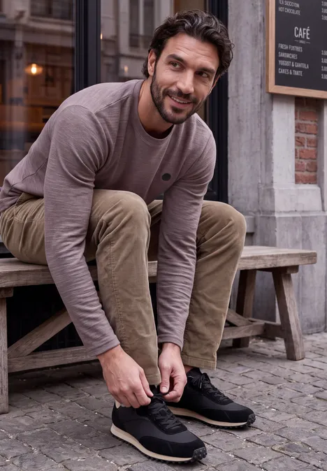 Langarm Shirt mit Rundhals in Unifarbe dark ash mauve Ein Mann sitzt auf einer Bank vor einem Café und bindet seine Schuhe.