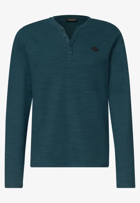 T-shirt Henley à manches longues vert foncé, patte de boutonnage 3 boutons