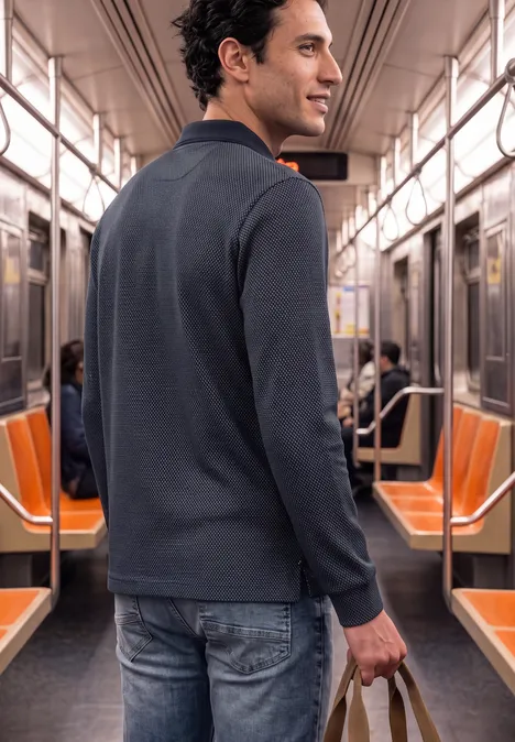Un homme dans le métro porte un pull sombre et un jean, il tient une bouteille.