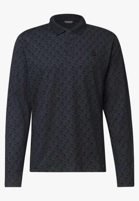 Langarm Poloshirt in Grafikprint dark ink blue Dunkelblaues Langarm-Poloshirt mit dezentem Allover-Muster