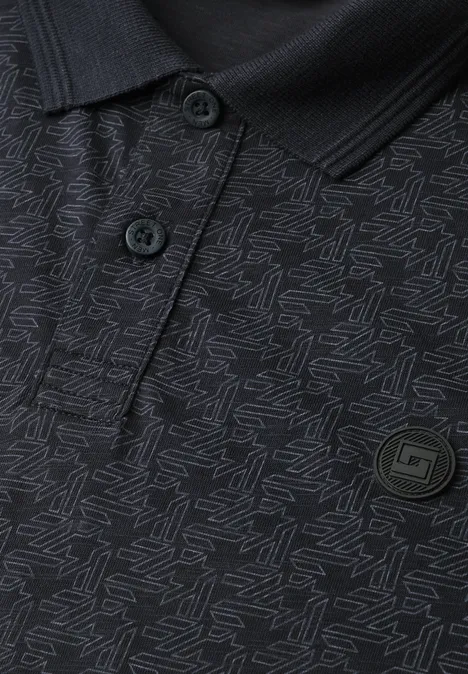 Langarm Poloshirt in Grafikprint dark ink blue Schwarzes Poloshirt mit dezentem, abstraktem Allover-Muster, Knopfleiste, Kragen und kleinem Metall-Logo