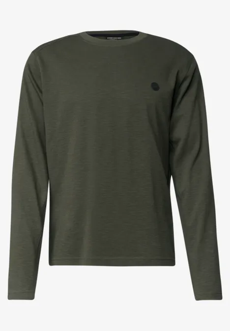 T-shirt à manches longues vert foncé, col rond et petit logo sur la poitrine.