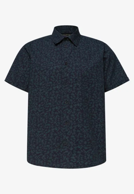 Dunkelblaues Kurzarmhemd mit abstraktem, dunklem Muster und klassischem Kragen.