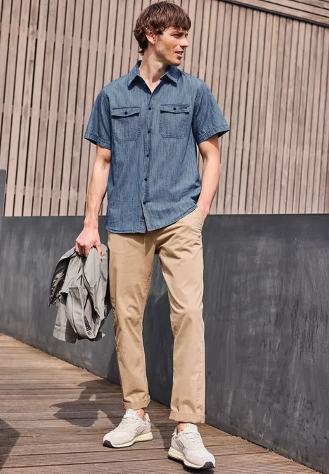 Kurzarm Hemd in Denim-Optik indigo blue wash