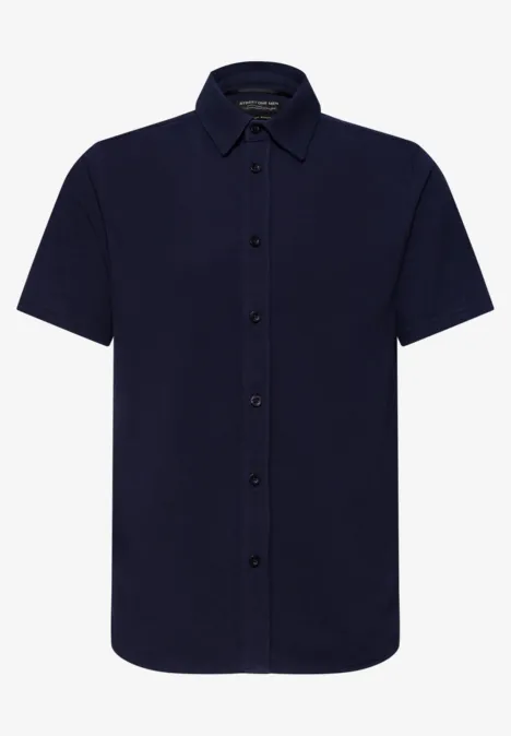 Dunkelblaues, kurzärmliges Hemd mit Knopfleiste und klassischem Kragen.