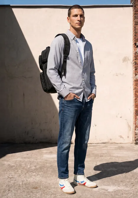 Een man staat voor een lichte muur, draagt jeans, overhemd, rugzak en sneakers.