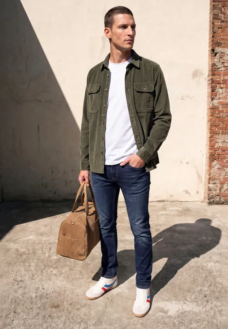 Homme en veste verte, t-shirt blanc, jean bleu et baskets, tenant un sac marron.