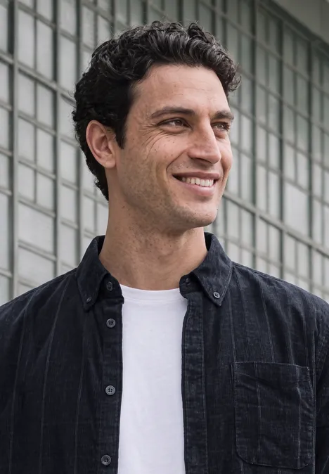Un homme souriant porte une chemise sombre sur un t-shirt blanc devant un mur en blocs de verre.