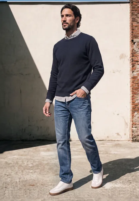 Ein Mann in Pullover und Jeans geht entspannt im Schatten einer Hauswand spazieren.