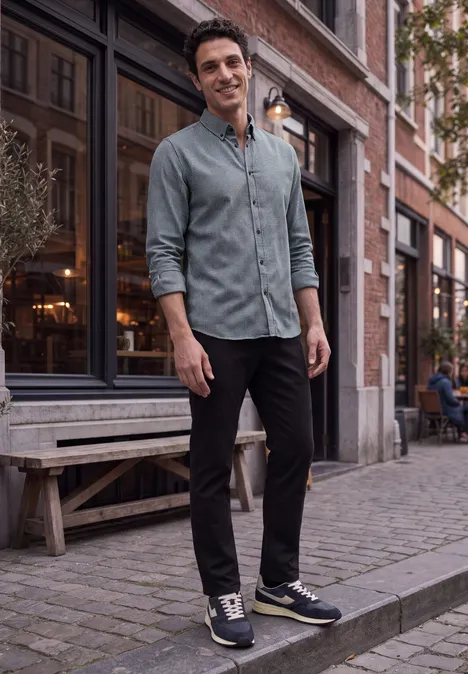 Un homme en chemise et pantalon se tient sur un trottoir pavé devant un café.
