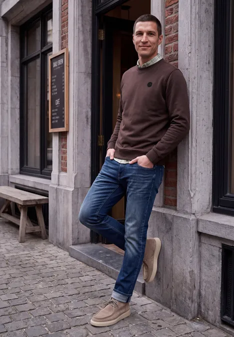 Cordhemd mit Karomuster und Brusttasche bright white Ein lächelnder Mann in braunem Pulli, Jeans und Boots lehnt an einer Hauswand vor einem Geschäft.
