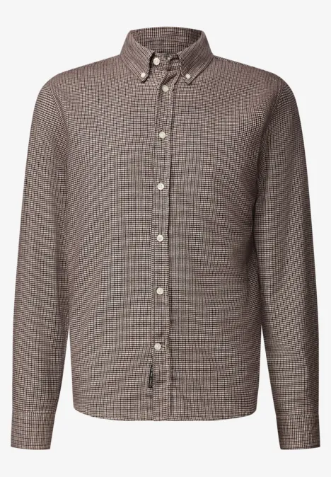 Chemise marron-gris à carreaux fins, col boutonné et manches longues.