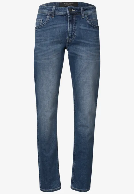 Dunkelblaue Jeanshose mit geradem Schnitt und klassischer Five-Pocket-Optik.