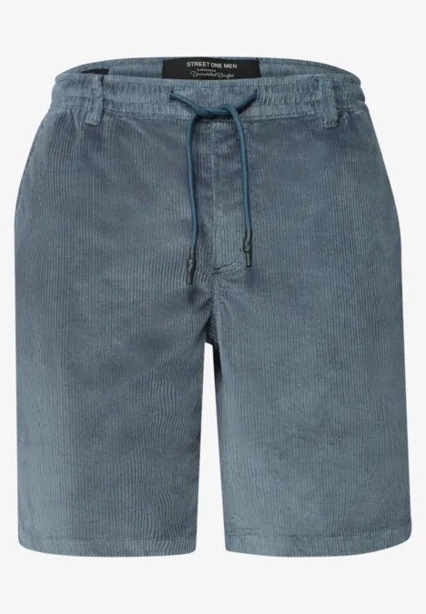 Donkerblauwe corduroy short met elastische taille en koord, knielengte