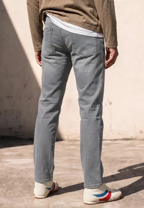 Vue de dos d'une personne portant un pantalon gris et des baskets blanches à rayures colorées devant un mur clair.